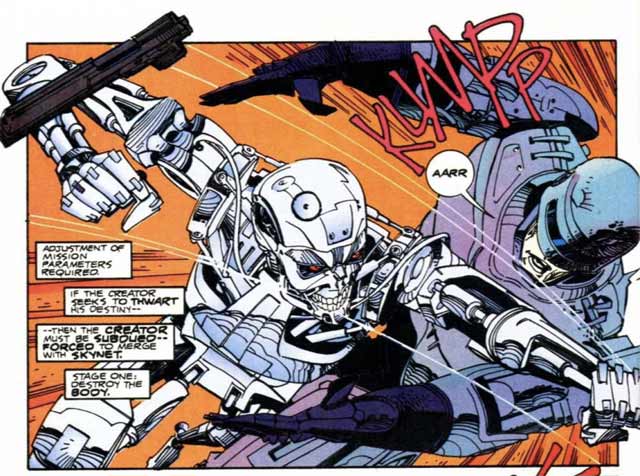 La miniserie Dark Horse Comics del 1992, Robocop vs Terminator, ha sapientemente combinato due diversi franchise cinematografici in una grande storia. Scritto da Frank Miller ed illustrato da Walt Simonson, la resistenza umana del futuro identifica RoboCop come un fattore che contribuisce all'esistenza di Skynet. Così Skynet manda Terminator indietro nel tempo per proteggere RoboCop! RoboCop costruisce il futuro di Terminator e conduce un assalto a Skynet utilizzando i corpi di Terminator convertito in un esercito di robocop. E’ solo una grande storia di due leggende dei fumetti. Dark Horse Comics e BOOM! Studios recentemente hanno ristampato RoboCop vs. Terminator dopo che era andato fuori stampa per diversi anni.