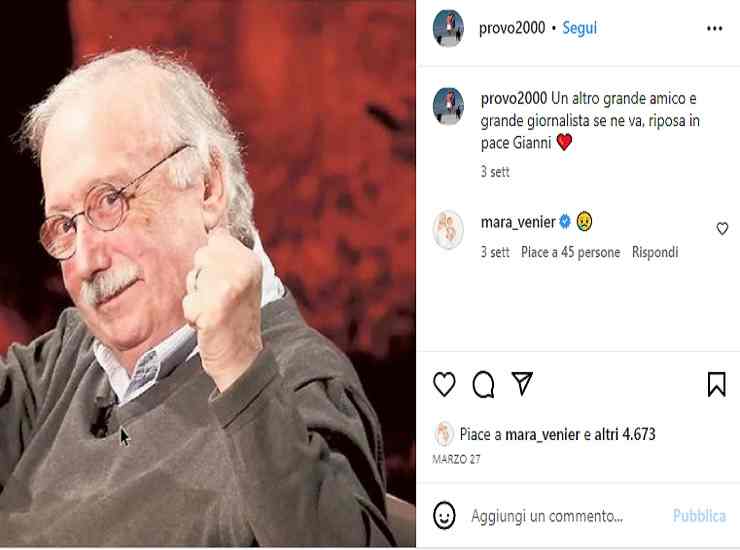 L'addio a Gianni Minà da Mara Venier e Nicola Carraro - Fonte: Profilo Ufficiale Instagram