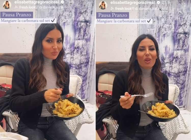 Elisabetta Gregoraci e la pasta alla carbonara sul set